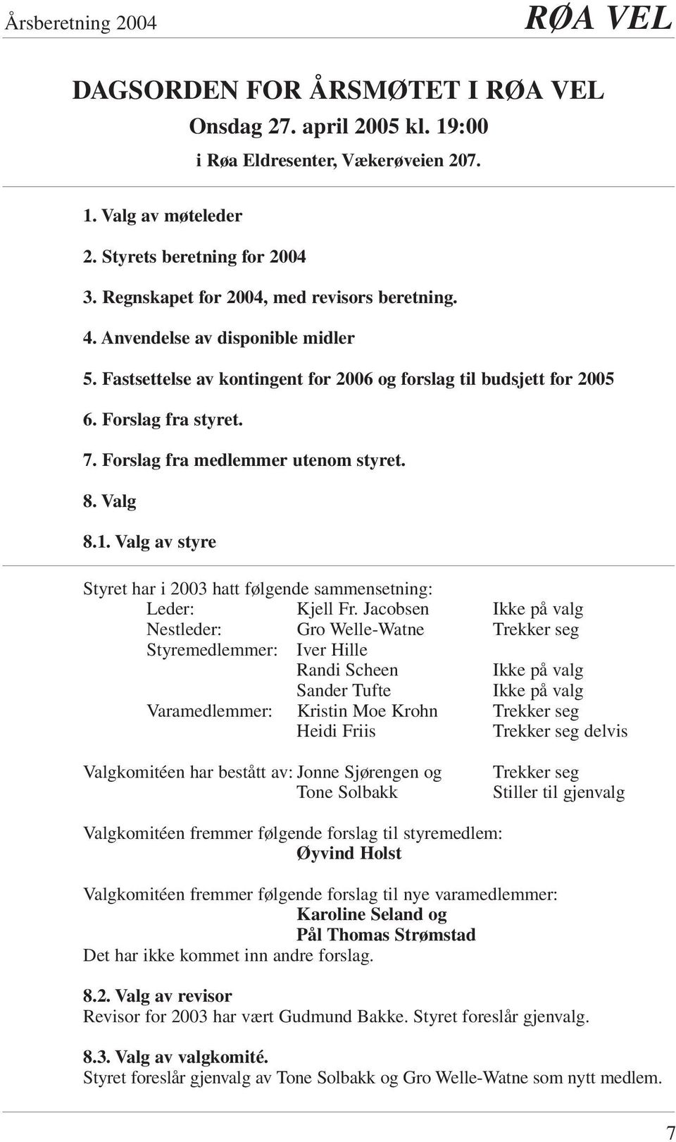 Forslag fra medlemmer utenom styret. 8. Valg 8.1. Valg av styre Styret har i 2003 hatt følgende sammensetning: Leder: Kjell Fr.