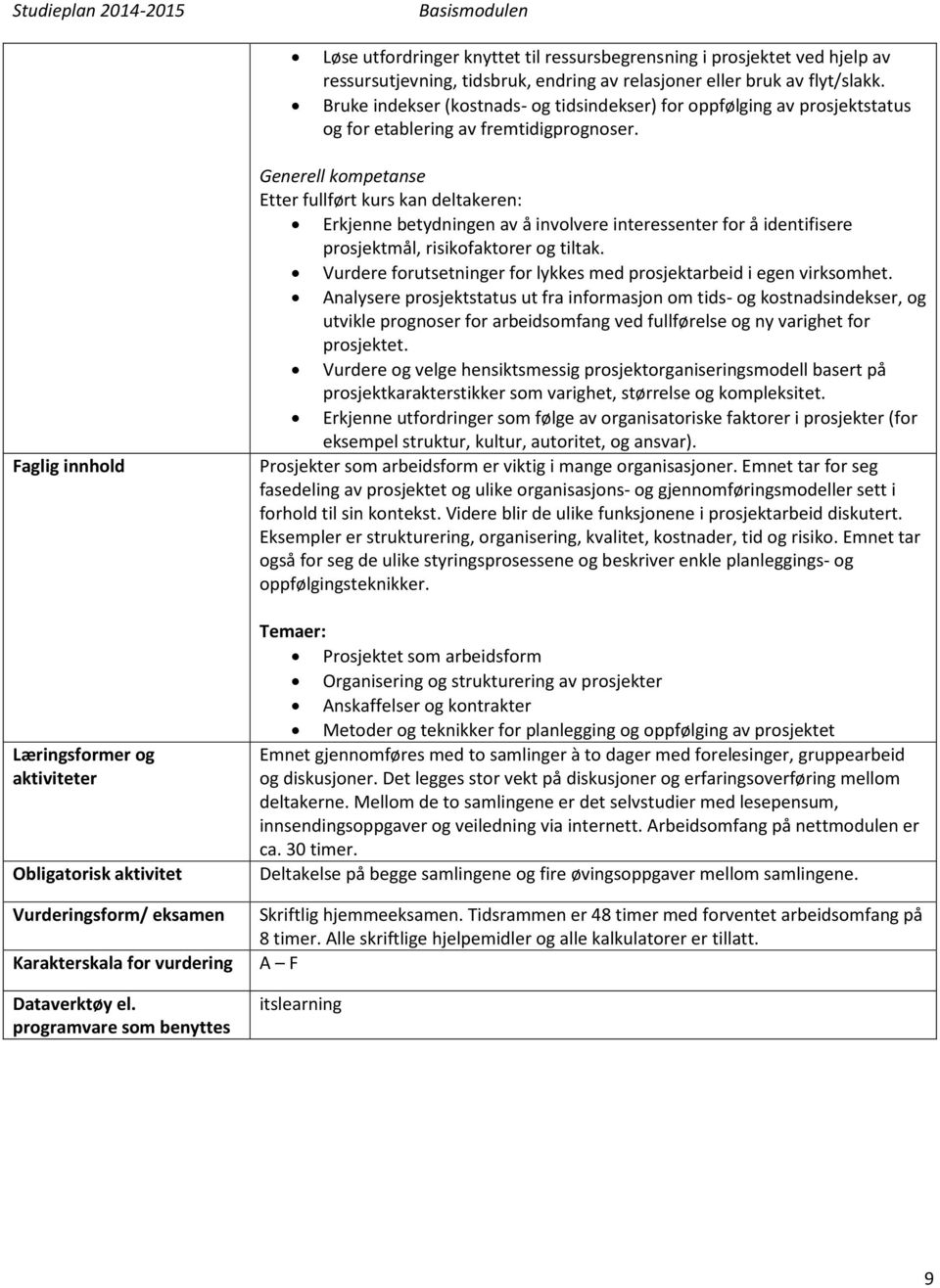 Faglig innhold Læringsformer og aktiviteter Obligatorisk aktivitet Vurderingsform/ eksamen Karakterskala for vurdering Dataverktøy el.