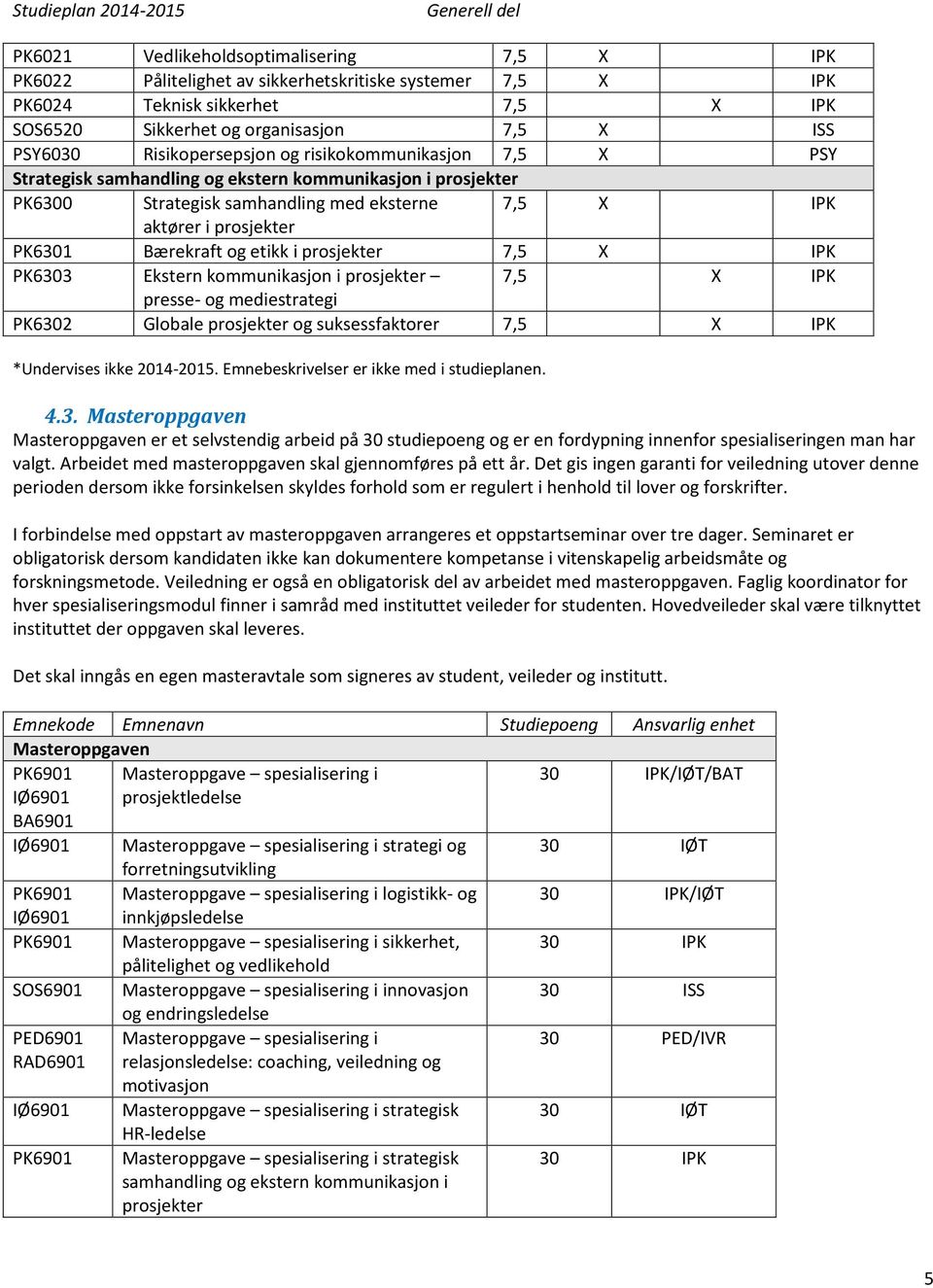 Bærekraft og etikk i prosjekter 7,5 X IPK PK6303 Ekstern kommunikasjon i prosjekter 7,5 X IPK presse- og mediestrategi PK6302 Globale prosjekter og suksessfaktorer 7,5 X IPK *Undervises ikke