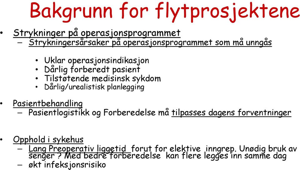 Pasientbehandling Pasientlogistikk og Forberedelse må tilpasses dagens forventninger Opphold i sykehus Lang Preoperativ