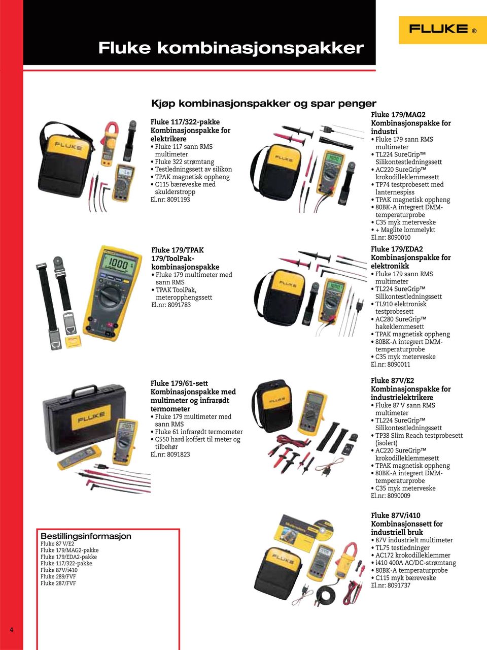 nr: 8091783 Fluke 179/MAG2 Kombinasjonspakke for industri Fluke 179 sann RMS multimeter TL224 SureGrip Silikontestledningssett AC220 SureGrip krokodilleklemmesett TP74 testprobesett med lanternespiss