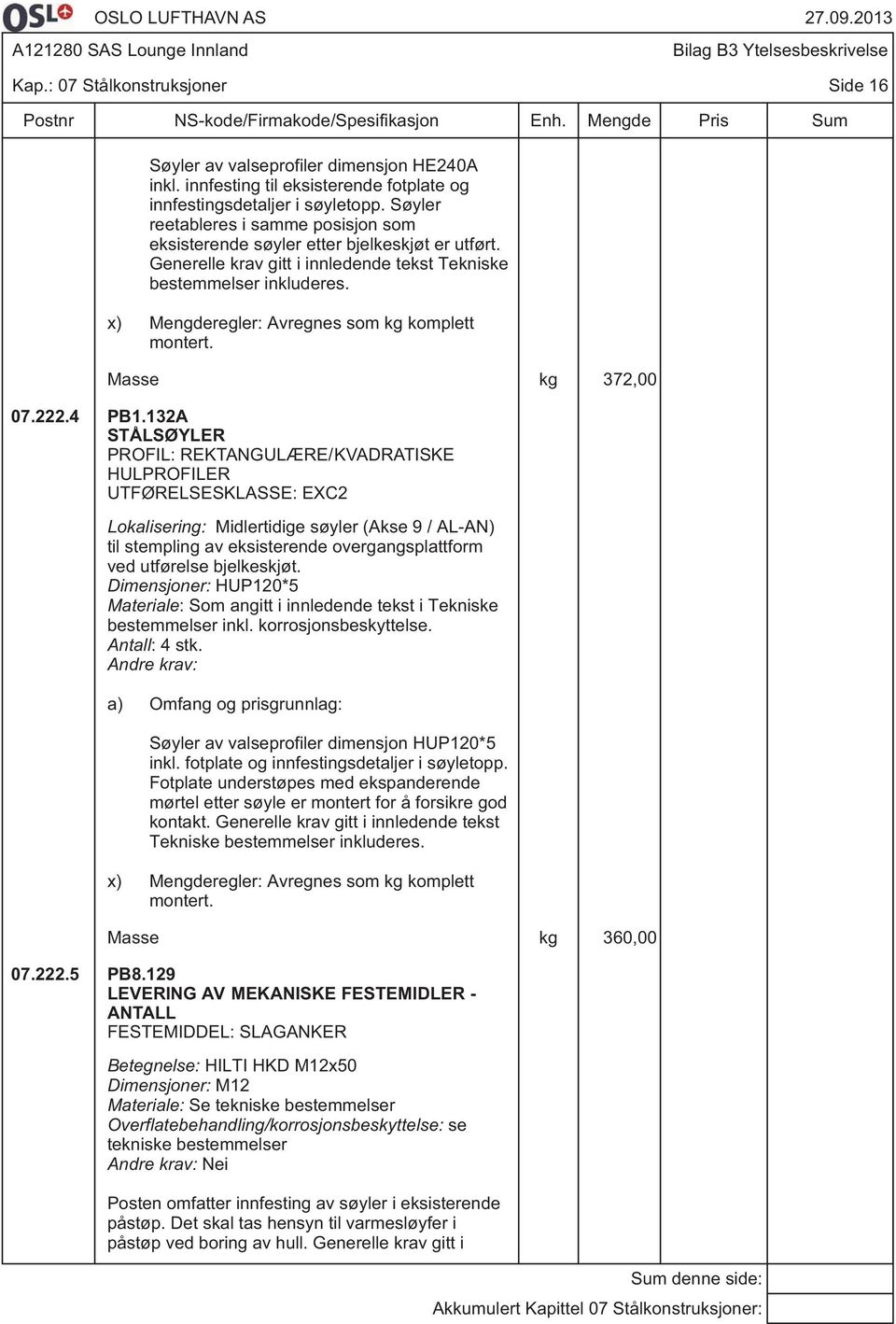 132A STÅLSØYLER PROFIL: REKTANGULÆRE/KVADRATISKE HULPROFILER Lokalisering: Midlertidige søyler (Akse 9 / AL-AN) til stempling av eksisterende overgangsplattform ved utførelse bjelkeskjøt.