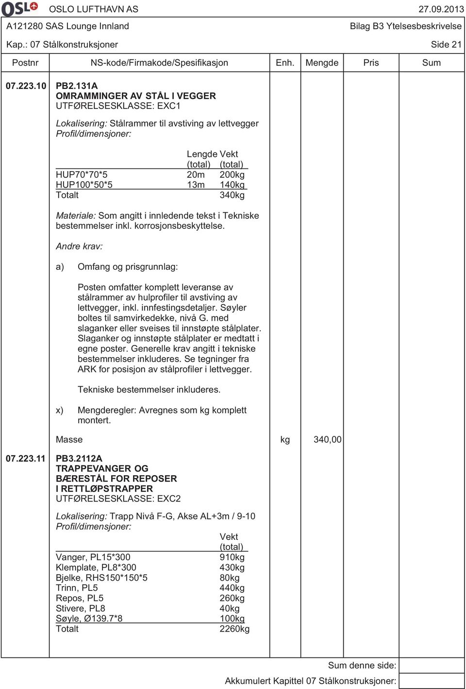 140kg Totalt 340kg Materiale: Som angitt i innledende tekst i Tekniske bestemmelser inkl. korrosjonsbeskyttelse.