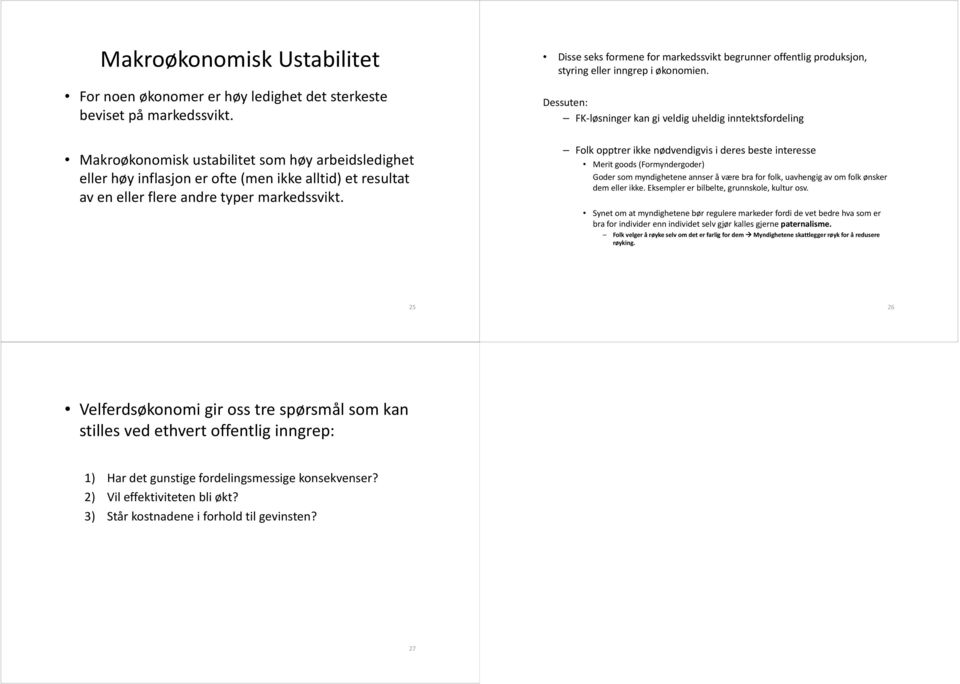 Disse seks formene for markedssvikt begrunner offentlig produksjon, styring eller inngrep i økonomien.