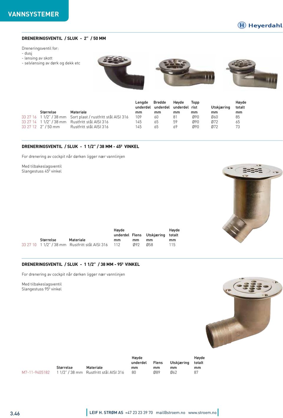 Ø72 65 33 27 12 2 / 50 mm Rustfritt stål AISI 316 145 65 69 Ø90 Ø72 73 DRENERINGSVENTIL / SLUK - 1 1/2 / 38 MM - 45 0 VINKEL For drenering av cockpit når dørken ligger nær vannlinjen Med