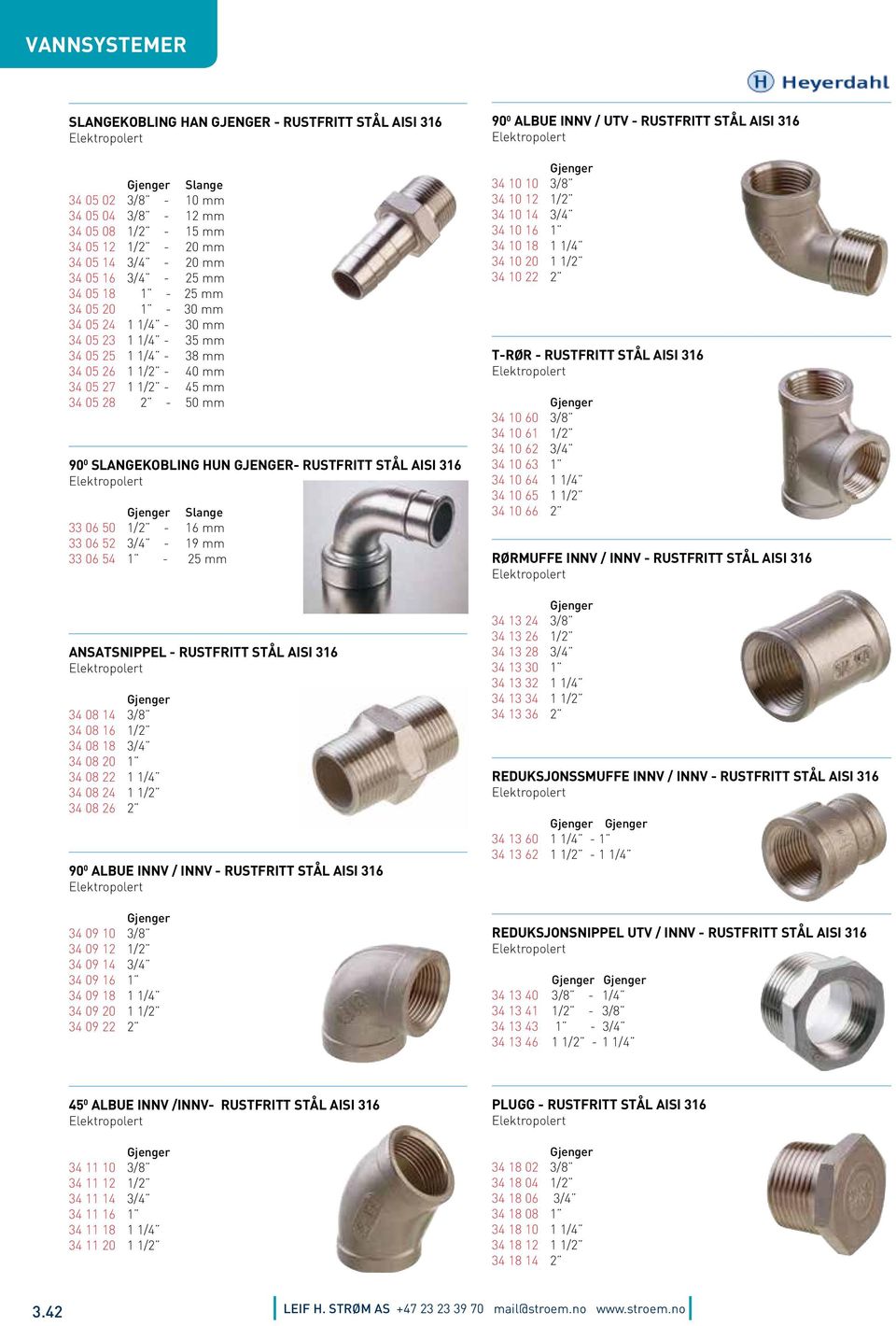 RUSTFRITT STÅL AISI 316 Elektropolert Gjenger Slange 33 06 50 1/2-16 mm 33 06 52 3/4-19 mm 33 06 54 1-25 mm ANSATSNIPPEL - RUSTFRITT STÅL AISI 316 Elektropolert Gjenger 34 08 14 3/8 34 08 16 1/2 34