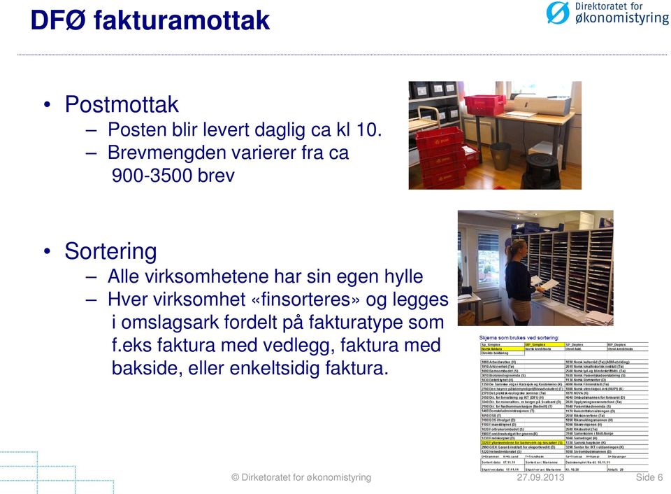 Hver virksomhet «finsorteres» og legges i omslagsark fordelt på fakturatype som f.