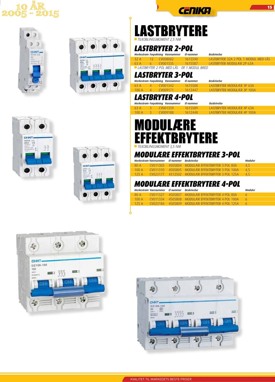 4-POL Merkestrøm Forpakning 63 A 3 CV001359 1615589 LASTBRYTER MODULÆR 4P 63A 100 A 3 CV009188 1612448 LASTBRYTER MODULÆR 4P 100A MODULÆRE EFFEKTBRYTERE TILKOBLINGSMOMENT 3,5 NM MODULÆRE