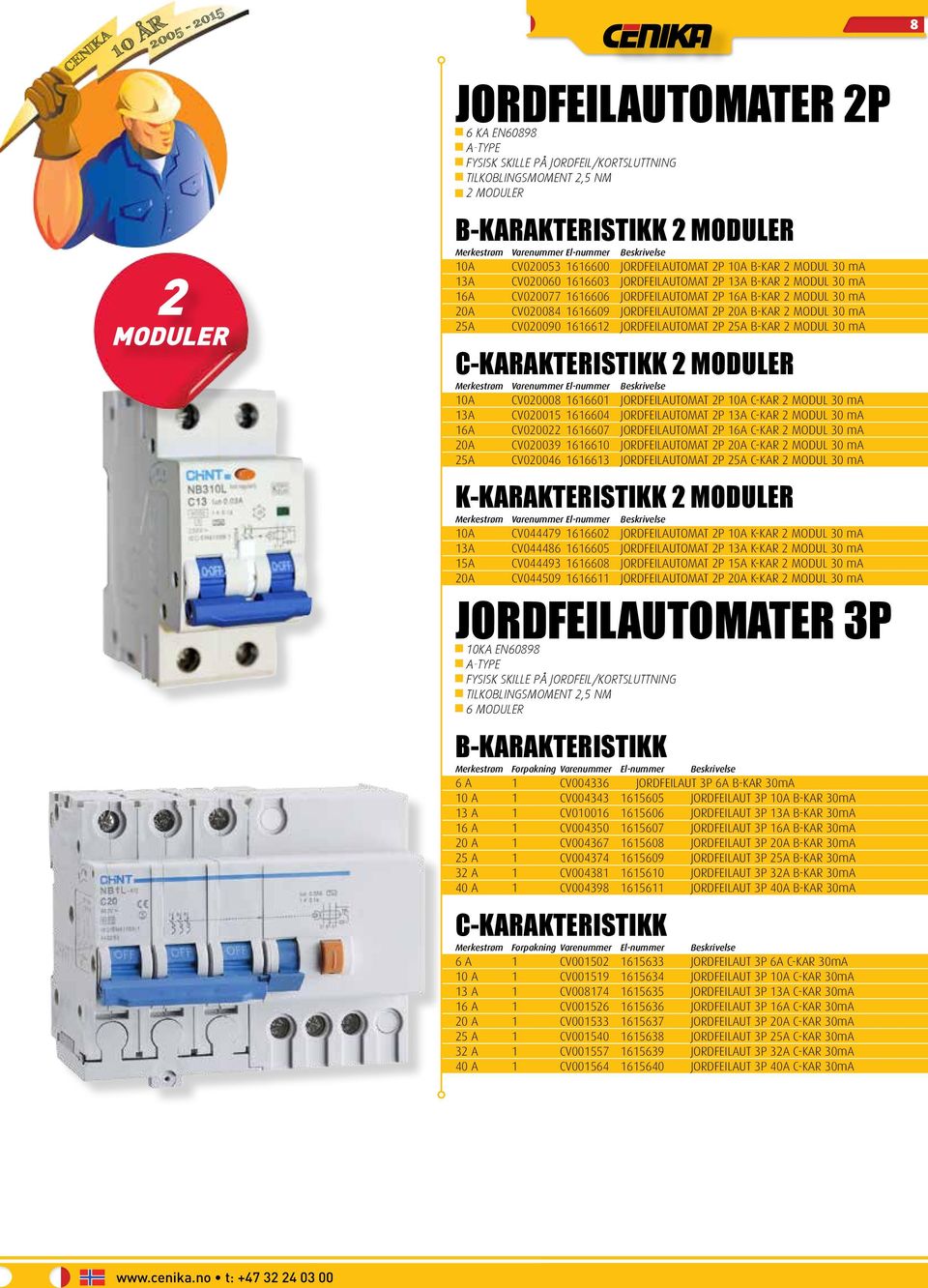 JORDFEILAUTOMAT 2P 20A B-KAR 2 MODUL 30 ma CV020090 1616612 JORDFEILAUTOMAT 2P 25A B-KAR 2 MODUL 30 ma C-KARAKTERISTIKK 2 MODULER Merkestrøm 10A 13A 16A 20A 25A CV020008 1616601 JORDFEILAUTOMAT 2P