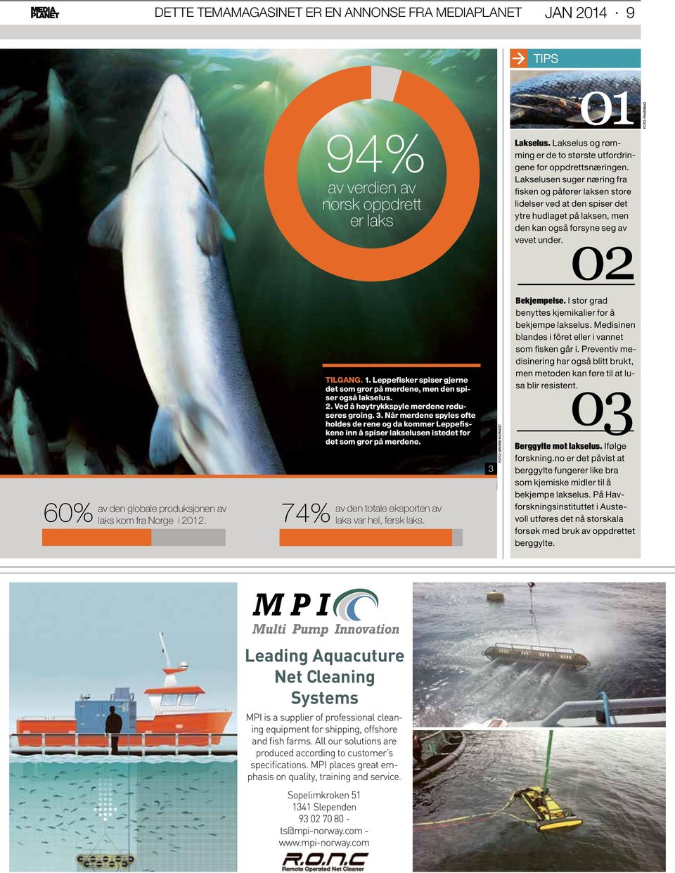 02 Foto: Pharmaq 60% av den globale produksjonen av laks kom fra Norge i 2012. 74% TILGANG. 1. Leppefisker spiser gjerne det som gror på merdene, men den spiser også lakselus. 2. Ved å høytrykkspyle merdene reduseres groing.