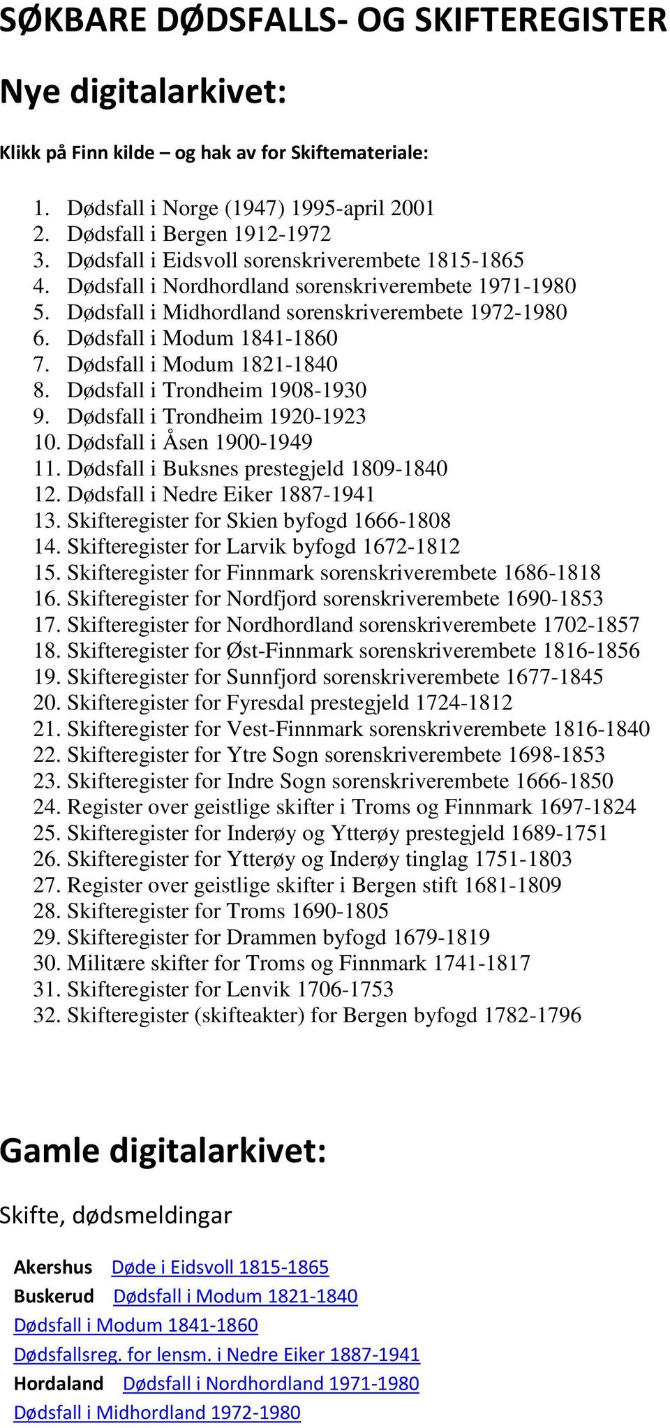 Dødsfall i Modum 1821-1840 8. Dødsfall i Trondheim 1908-1930 9. Dødsfall i Trondheim 1920-1923 10. Dødsfall i Åsen 1900-1949 11. Dødsfall i Buksnes prestegjeld 1809-1840 12.