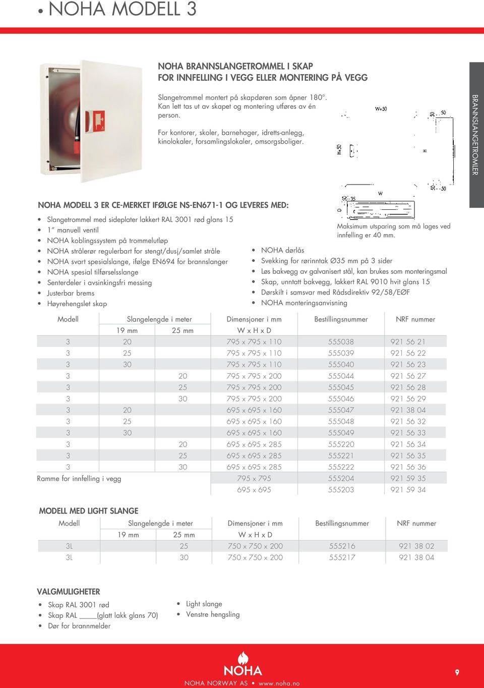 BRANNSLANGETROMLER NOHA MODELL 3 ER CE-MERKET IFØLGE NS-EN671-1 OG LEVERES MED: Slangetrommel med sideplater lakkert RAL 3001 rød glans 15 1 manuell ventil NOHA koblingssystem på trommelutløp NOHA