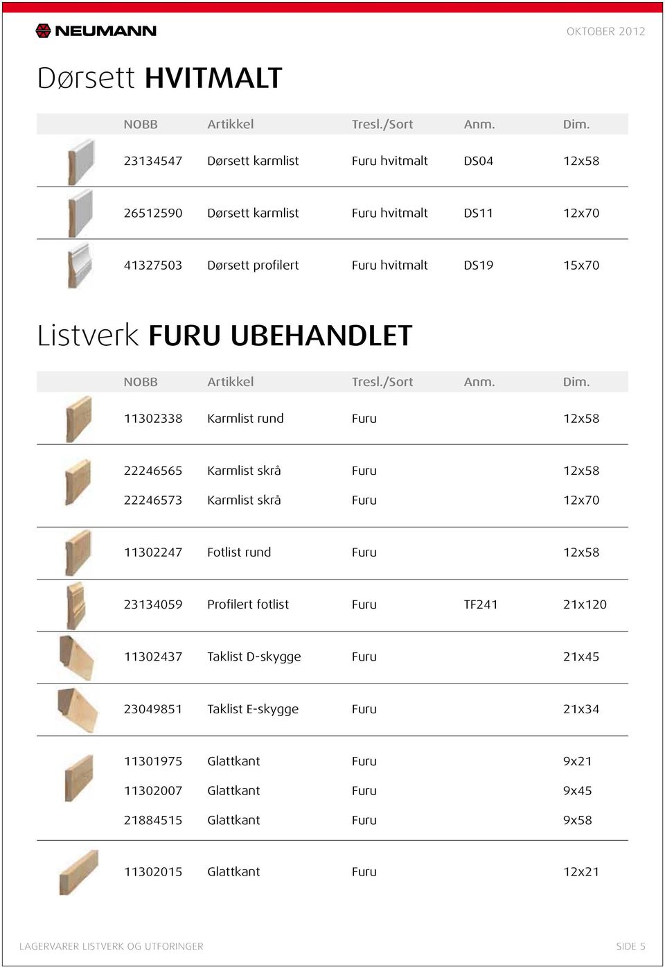 Karmlist skrå Furu 12x70 11302247 Fotlist rund Furu 12x58 23134059 Profilert fotlist Furu TF241 21x120 11302437 Taklist D-skygge Furu 21x45