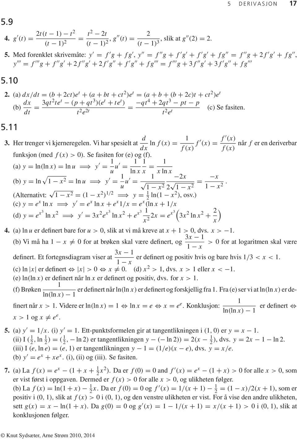 Her trenger vi kjerneregelen. Vi har spesielt at ln f(x)= dx f(x) f (x) = f (x) når f er en deriverbar f(x) funksjon (med f(x)>). Se fasiten for (e) og (f).