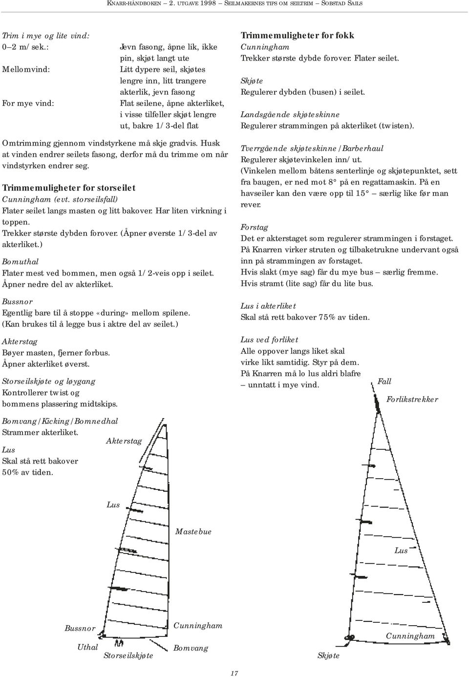skjøt lengre ut, bakre 1/3-del flat Omtrimming gjennom vindstyrkene må skje gradvis. Husk at vinden endrer seilets fasong, derfor må du trimme om når vindstyrken endrer seg.