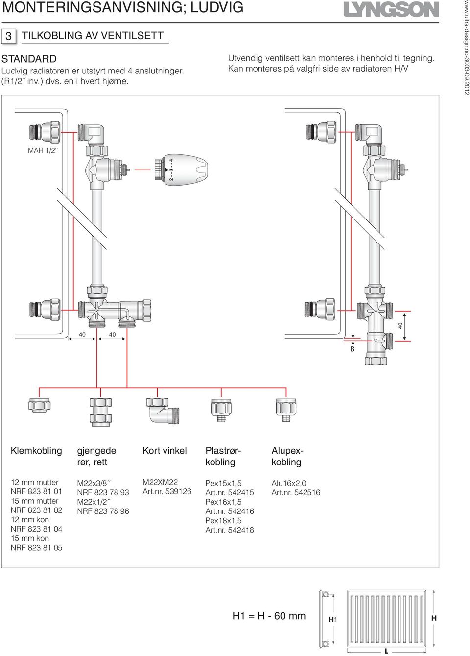 Kan monteres på valgfri side av radiatoren H/V MAH 1/2 2 - - 3 - - 4 40 40 40 B Klemkobling gjengede rør, rett Kort vinkel Plastrørkobling Alupexkobling