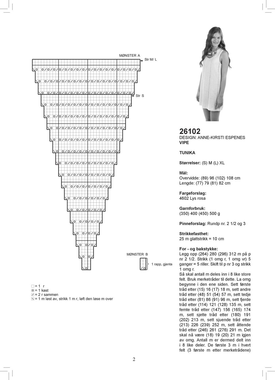 2 1/2 og 3 Strikkefasthet: 25 m glattstrikk = 10 cm = 1 r = 1 kast = 2 r sammen = 1 m løst av, strikk 1 m r, løft den løse m over MØNSTER B 1 rapp, gjenta For - og bakstykke: Legg opp (264) 280 (296)