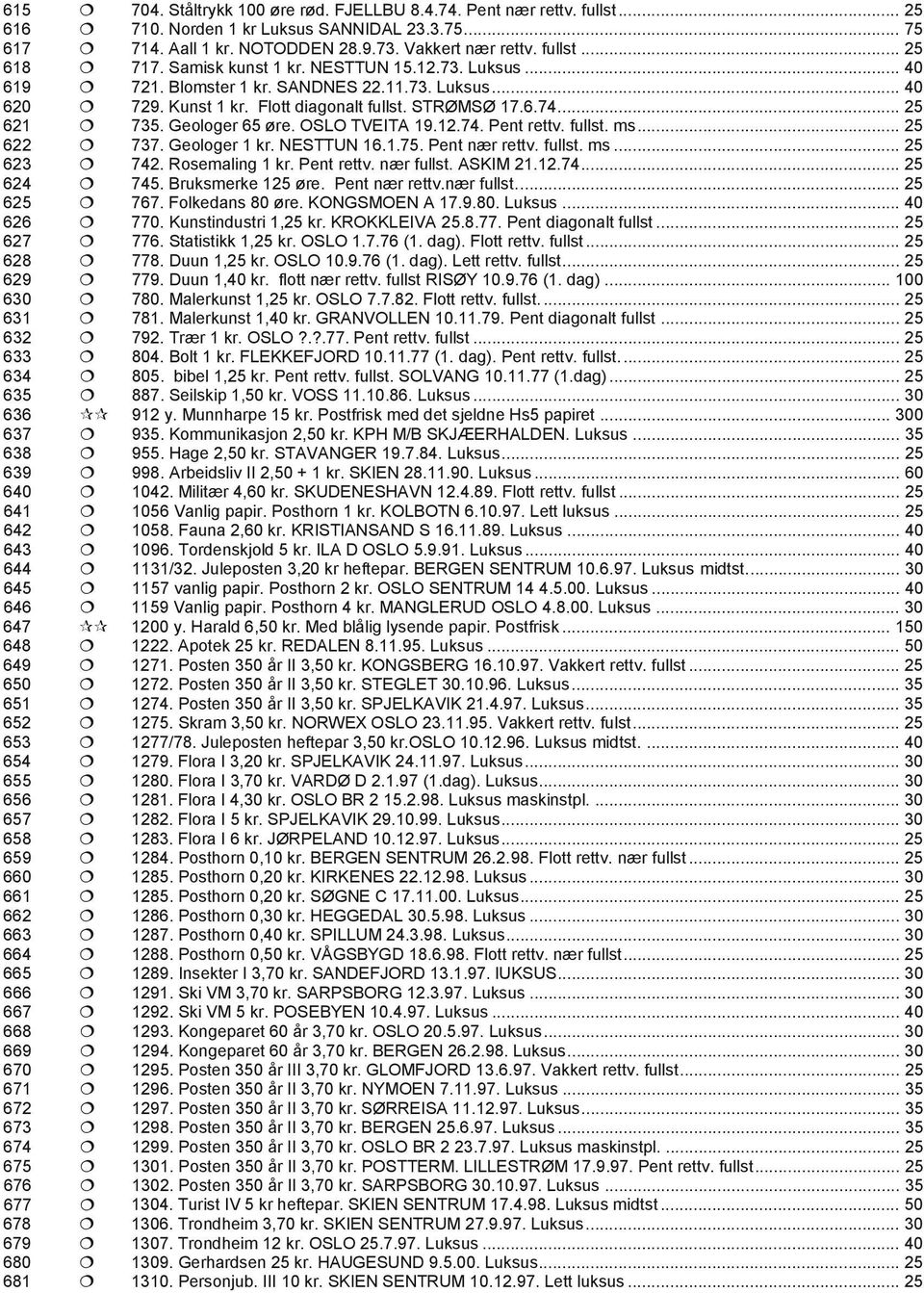 Aall 1 kr. NOTODDEN 28.9.73. Vakkert nær rettv. fullst... 25 717. Samisk kunst 1 kr. NESTTUN 15.12.73. Luksus... 40 721. Blomster 1 kr. SANDNES 22.11.73. Luksus... 40 729. Kunst 1 kr.