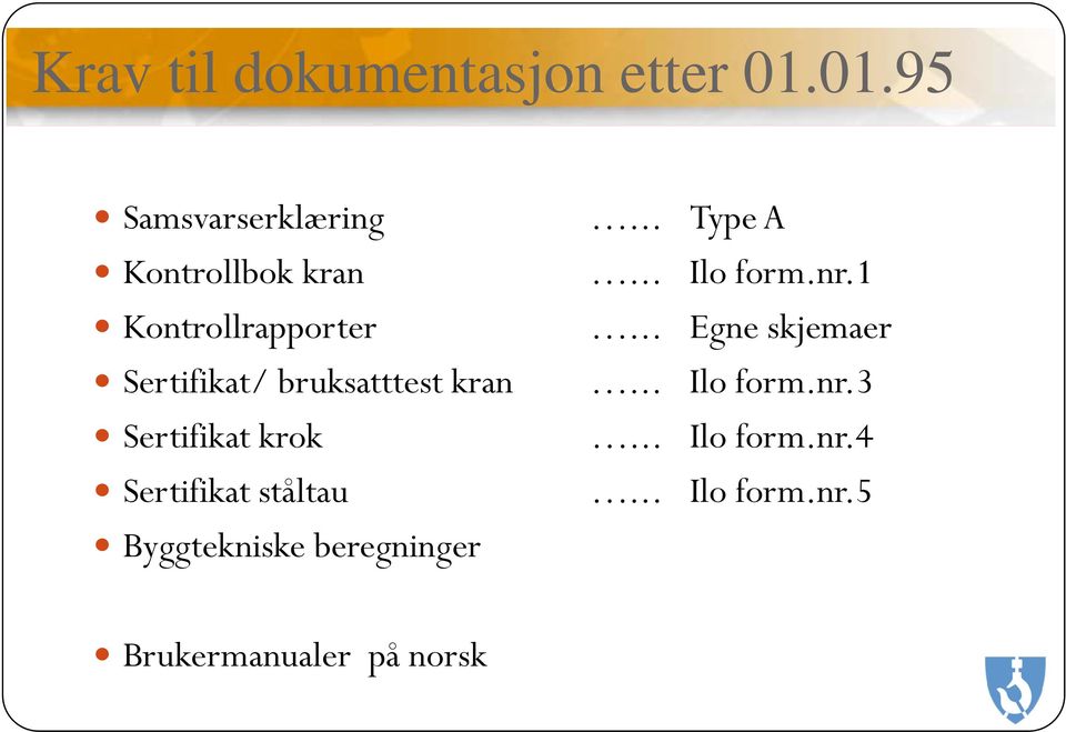 .. Egne skjemaer Sertifikat/ bruksatttest kran... Ilo form.nr.