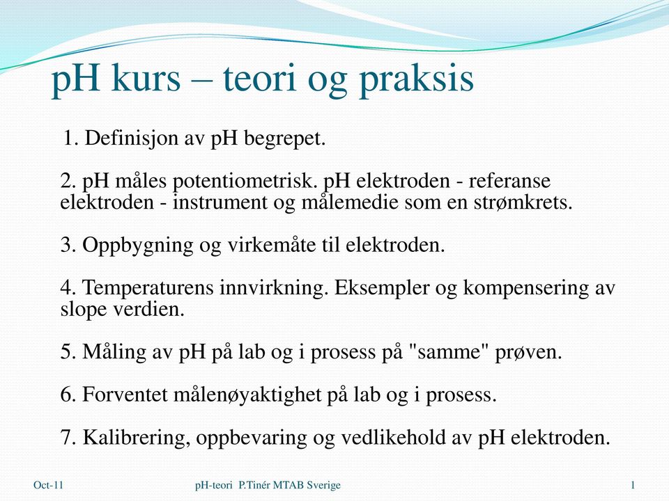 Oppbygning og virkemåte til elektroden. 4. Temperaturens innvirkning. Eksempler og kompensering av slope verdien. 5.