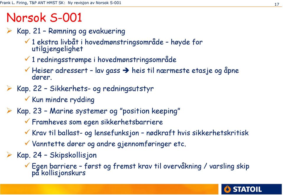 adressert lav gass heis til nærmeste etasje og åpne dører. 17 Kap. 22 Sikkerhets- og redningsutstyr Kun mindre rydding Kap.