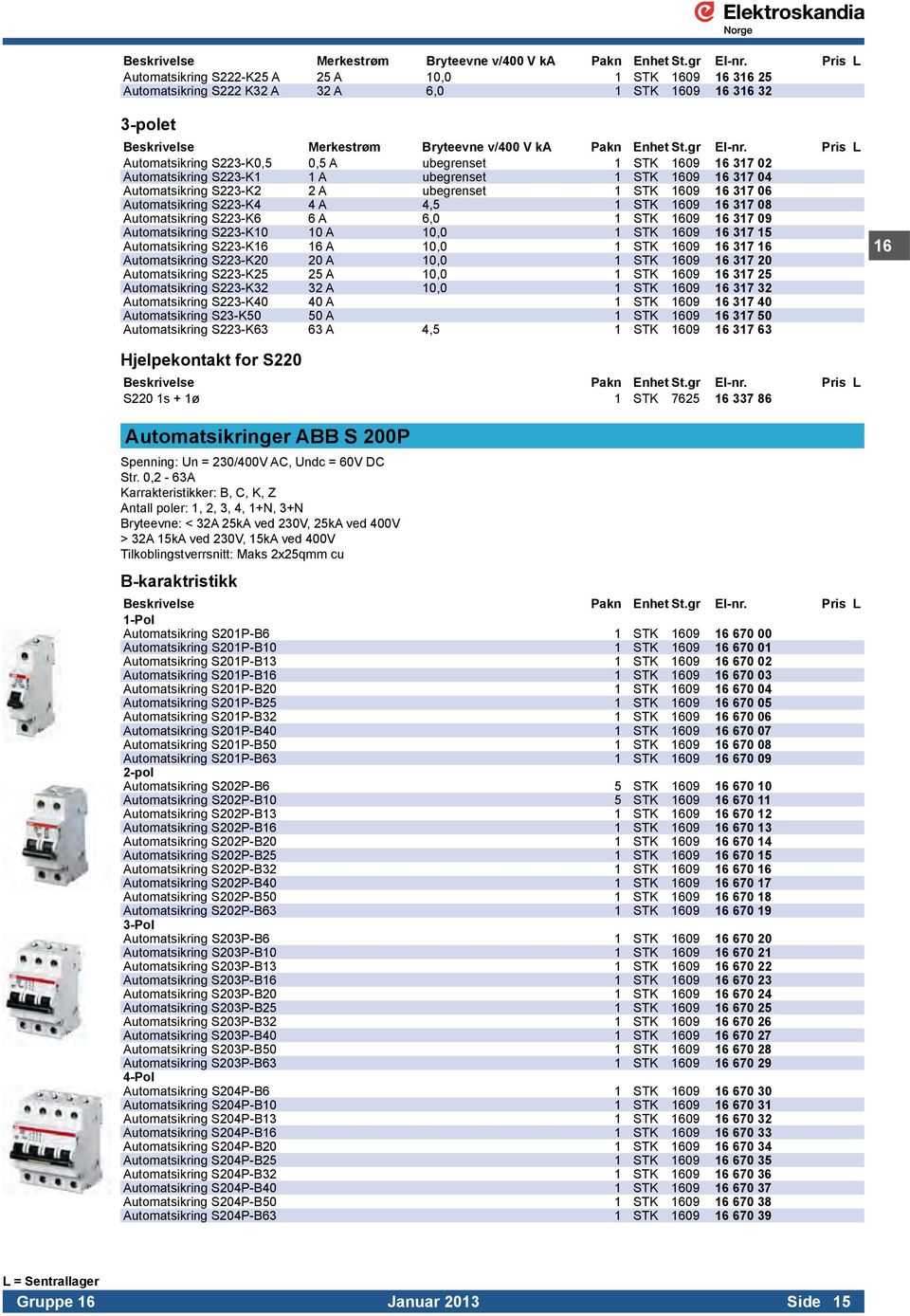 Automatsikring S223-K1 1 A ubegrenset 1 STK 1609 16 317 04 Automatsikring S223-K2 2 A ubegrenset 1 STK 1609 16 317 06 Automatsikring S223-K4 4 A 4,5 1 STK 1609 16 317 08 Automatsikring S223-K6 6 A