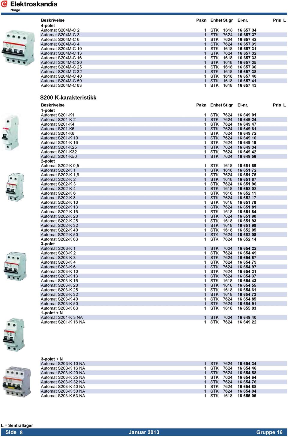 657 38 Automat S204M-C 40 1 STK 1618 16 657 40 Automat S204M-C 50 1 STK 1618 16 657 41 Automat S204M-C 63 1 STK 1618 16 657 43 S200 K-karakteristikk 1-polet Automat S201-K1 1 STK 7624 16 649 01