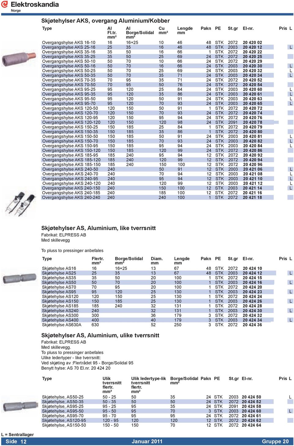 Overgangshylse AKS 35-25 35 50 25 69 24 STK 2072 20 420 25 Overgangshylse AKS 50-10 50 70 10 66 24 STK 2072 20 420 29 Overgangshylse AKS 50-16 50 70 16 66 24 STK 2003 20 420 30 L Overgangshylse AKS