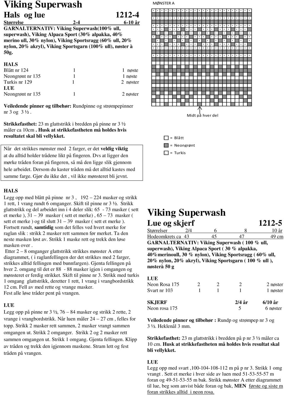 ......................................................................................................................................... HALS Blått nr 124 1 1 nøste Neongrønt nr 135 1 1 nøste Turkis nr 129 1 2 nøster LUE Neongrønt nr 135 1 2 nøster Veiledende pinner og tilbehør: Rundpinne og strømpepinner nr 3 og 3 ½.