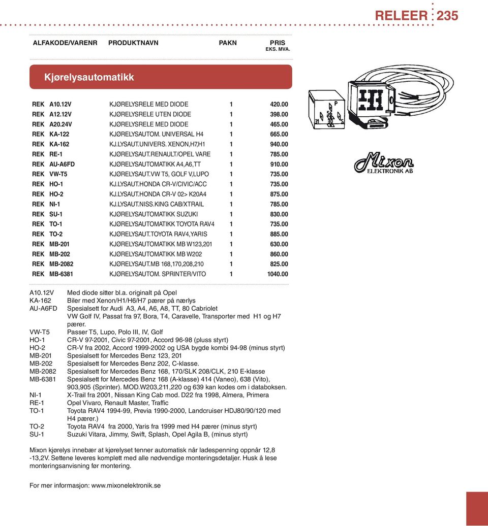 VW T5, GOLF V,LUPO 1 735.00 REK HO-1 KJ.LYSAUT.HONDA CR-V/CIVIC/ACC 1 735.00 REK HO-2 KJ.LYSAUT.HONDA CR-V 02> K20A4 1 875.00 REK NI-1 KJ.LYSAUT.NISS.KING CAB/XTRAIL 1 785.