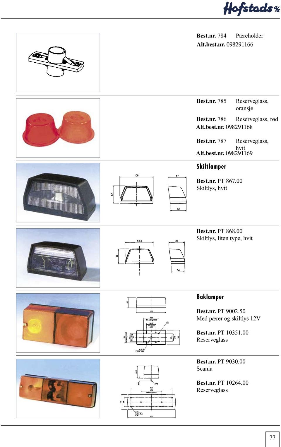 00 type, hvit Skiltlys, liten type, hvit Baklamper Baklamper PT 9002.50 Med pærer PT og 9002.50 skiltlys 12V Med pærer og skiltlys 12V PT 10351.