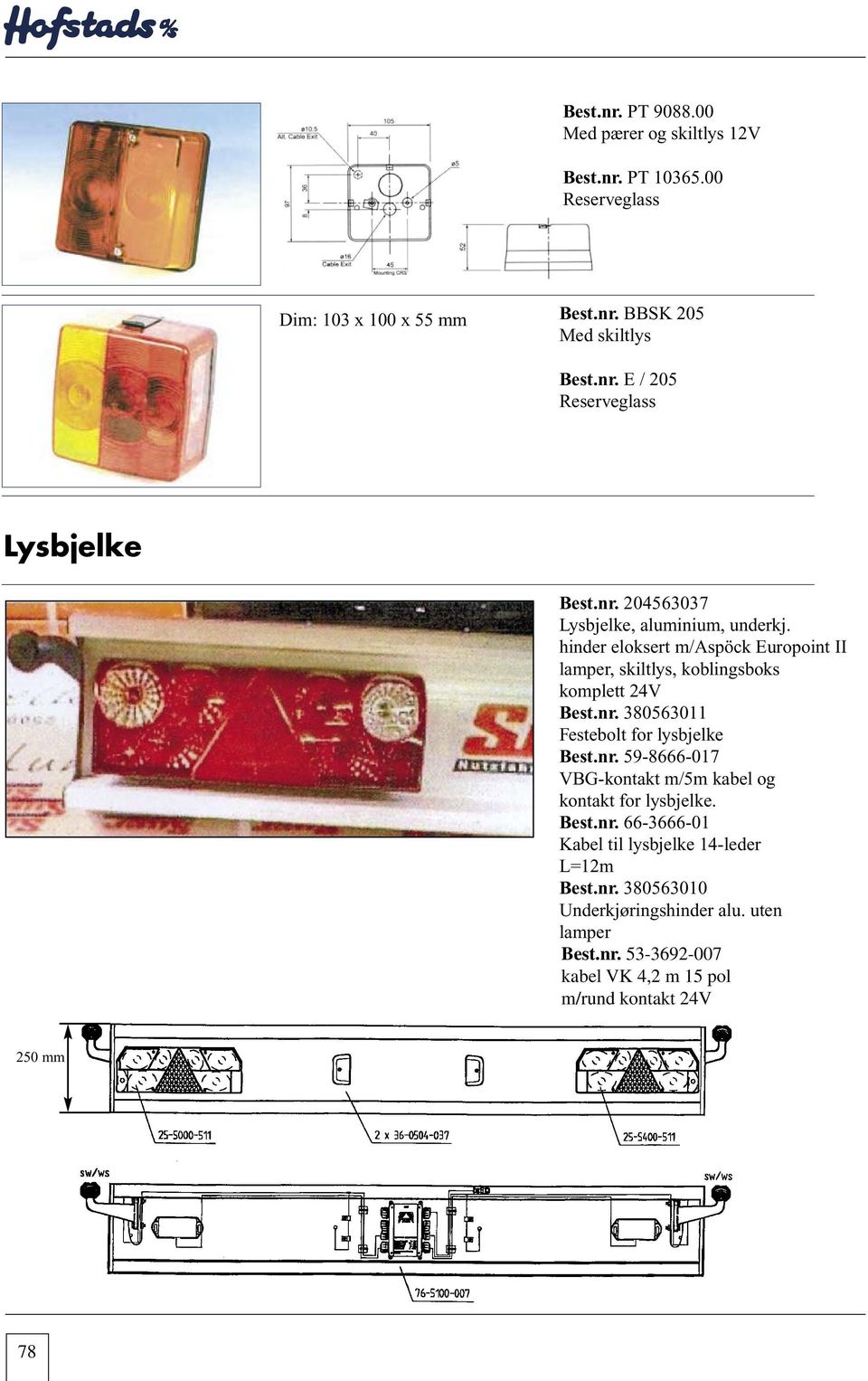 204563037 Lysbjelke, aluminium, underkj. hinder eloksert 204563037 m/aspöck Europoint II Lysbjelke, lamper, skiltlys, aluminium, koblingsboks underkj.