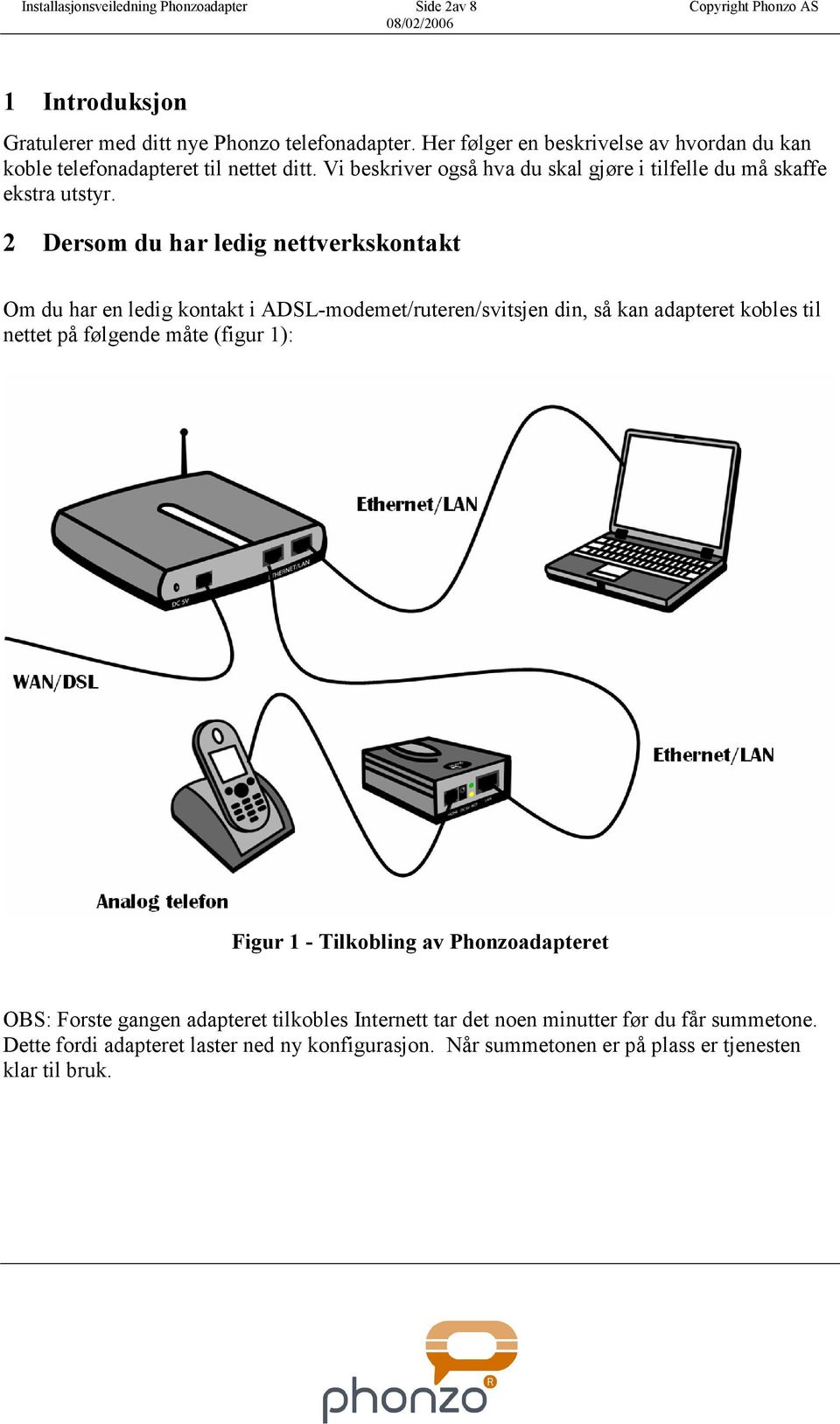 2 Dersom du har ledig nettverkskontakt Om du har en ledig kontakt i ADSL-modemet/ruteren/svitsjen din, så kan adapteret kobles til nettet på følgende måte (figur 1): Figur 1