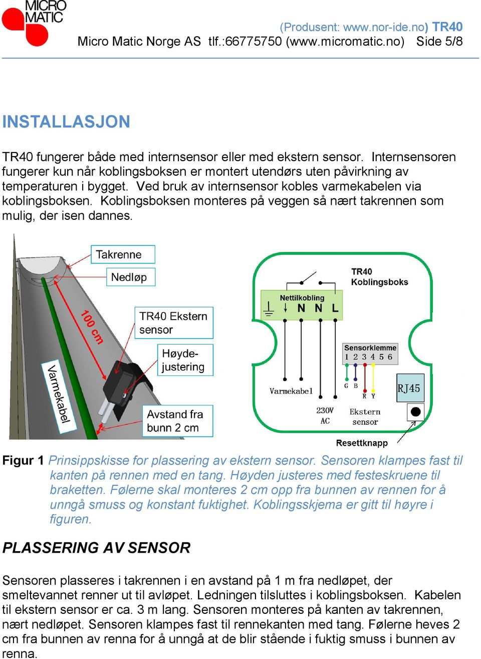 Koblingsboksen monteres på veggen så nært takrennen som mulig, der isen dannes. Figur 1 Prinsippskisse for plassering av ekstern sensor. Sensoren klampes fast til kanten på rennen med en tang.