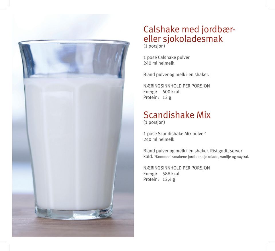 Energi: 600 kcal Protein: 12 g Scandishake Mix (1 porsjon) 1 pose Scandishake Mix pulver * 240