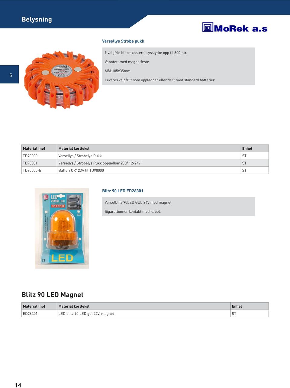 Varsellys / Strobelys Pukk TD90001 Varsellys / Strobelys Pukk oppladbar 230/ 12-24V TD90000-B Batteri CR123A til