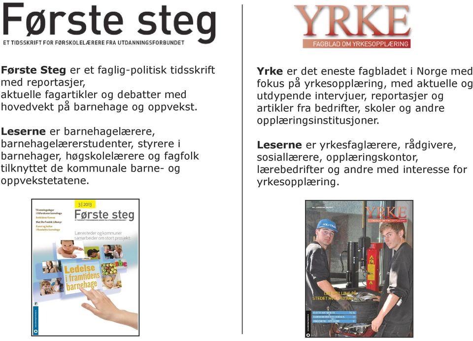 Yrke er det eneste fagbladet i Norge med fokus på yrkesopplæring, med aktuelle og utdypende intervjuer, reportasjer og artikler fra bedrifter, skoler og andre opplæringsinstitusjoner.