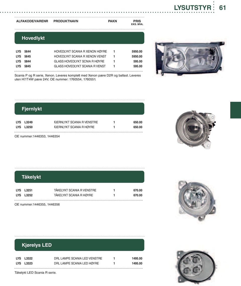 Fjernlykt LYS L3249 FJERNLYKT SCANIA R VENSTRE 1 650.00 LYS L3250 FJERNLYKT SCANIA R HØYRE 1 650.00 OE nummer:1446353, 1446354 Tåkelykt LYS L3251 TÅKELYKT SCANIA R VENSTRE 1 670.