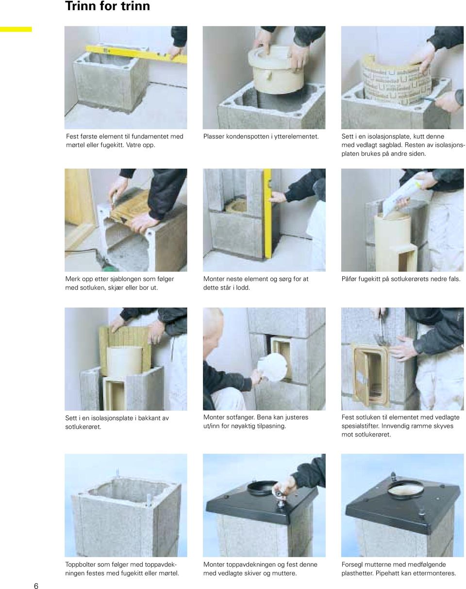 Påfør fugekitt på sotlukerørets nedre fals. Sett i en isolasjonsplate i bakkant av sotlukerøret. Monter sotfanger. Bena kan justeres ut/inn for nøyaktig tilpasning.