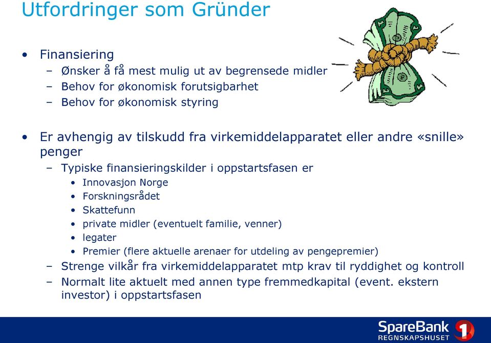 Forskningsrådet Skattefunn private midler (eventuelt familie, venner) legater Premier (flere aktuelle arenaer for utdeling av pengepremier) Strenge