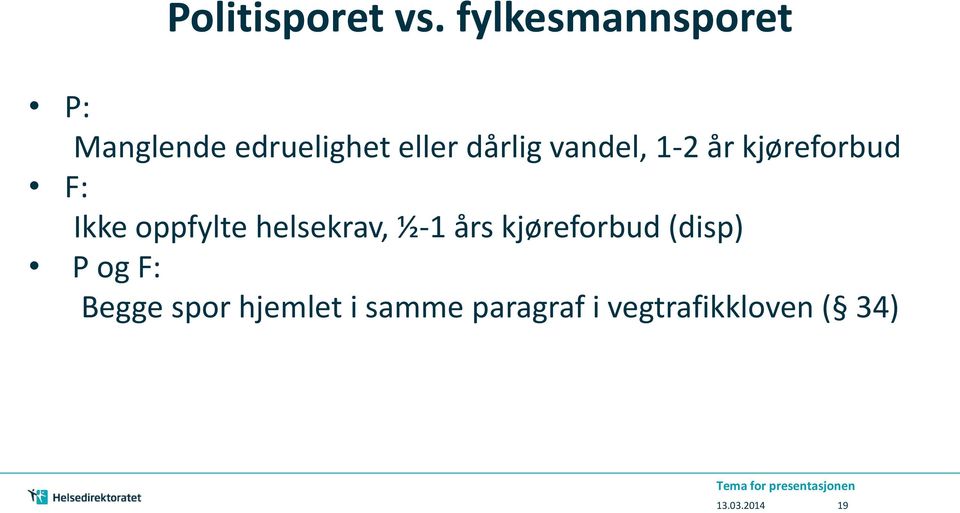 vandel, 1-2 år kjøreforbud F: Ikke oppfylte helsekrav,