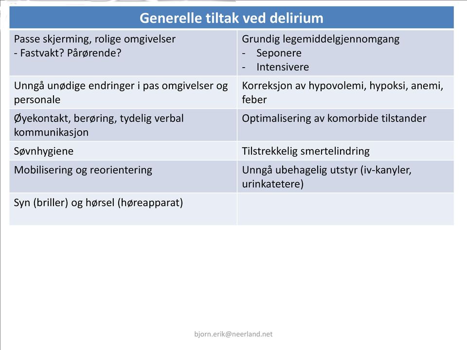 Mobilisering og reorientering Syn (briller) og hørsel (høreapparat) Generelle tiltak ved delirium Grundig