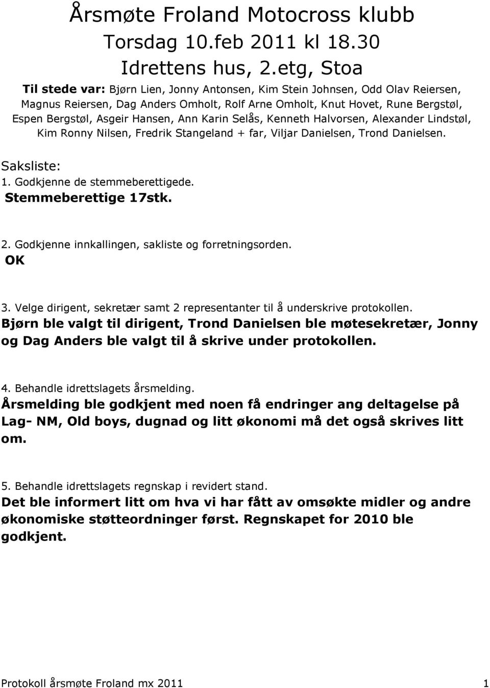 Hansen, Ann Karin Selås, Kenneth Halvorsen, Alexander Lindstøl, Kim Ronny Nilsen, Fredrik Stangeland + far, Viljar Danielsen, Trond Danielsen. Saksliste: 1. Godkjenne de stemmeberettigede.