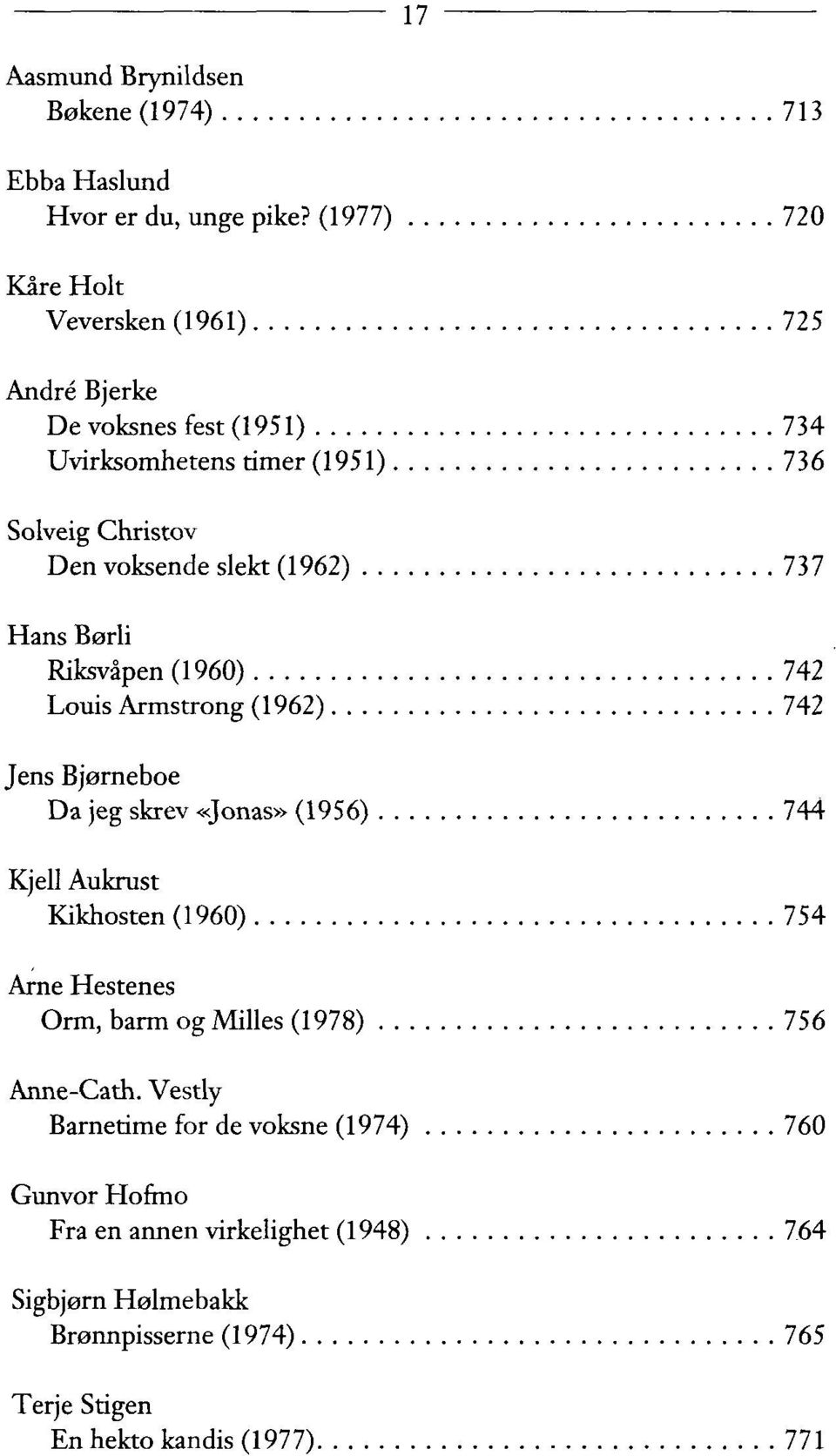 (1962) 737 Hans Børli Riksvåpen (1960) 742 Louis Armstrong (1962) 742 Jens Bjørneboe Da jeg skrev «Jonas» (1956) 744 Kjell Aukrust Kikhosten (1960) 754