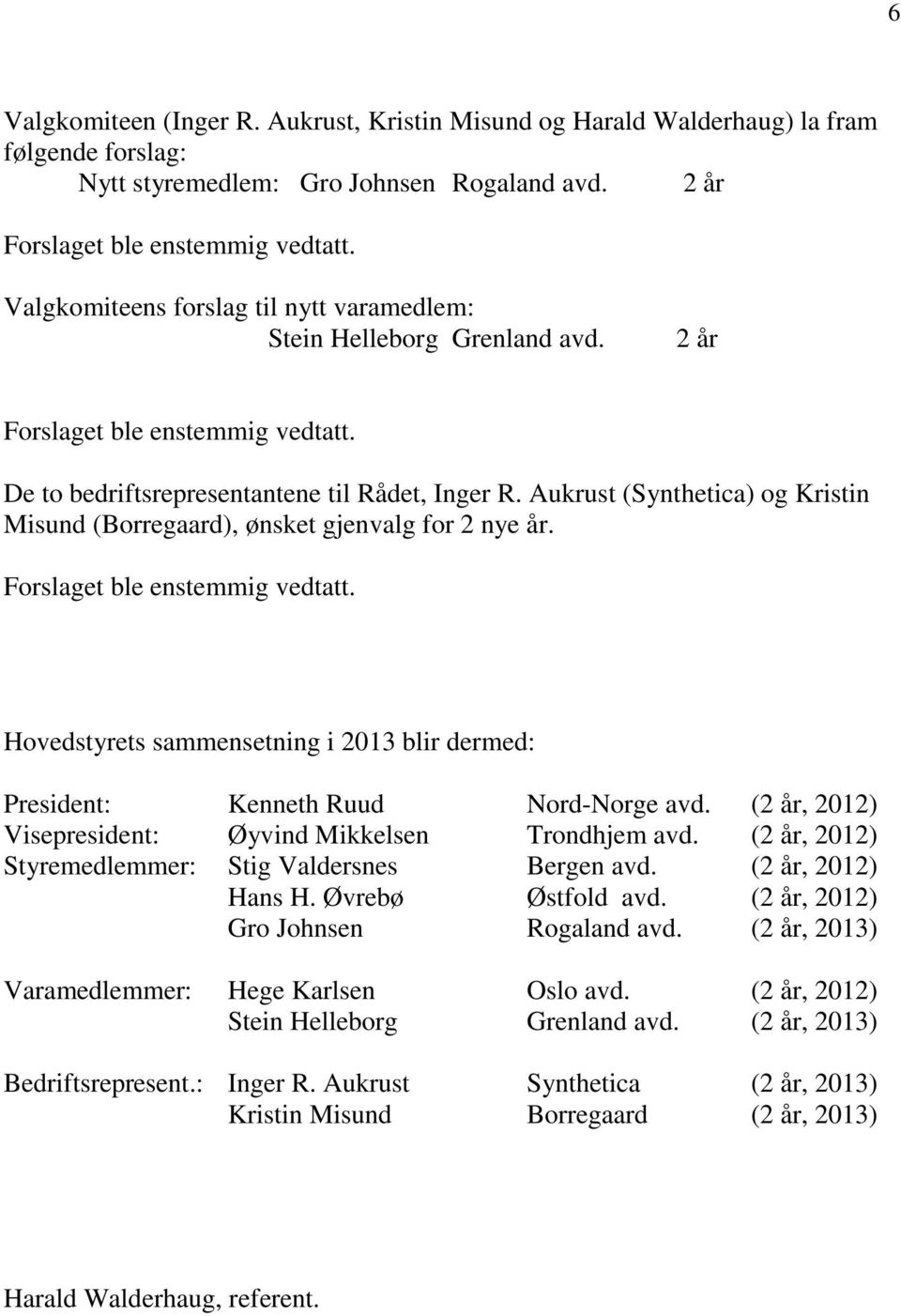 Aukrust (Synthetica) og Kristin Misund (Borregaard), ønsket gjenvalg for 2 nye år. Forslaget ble enstemmig vedtatt.