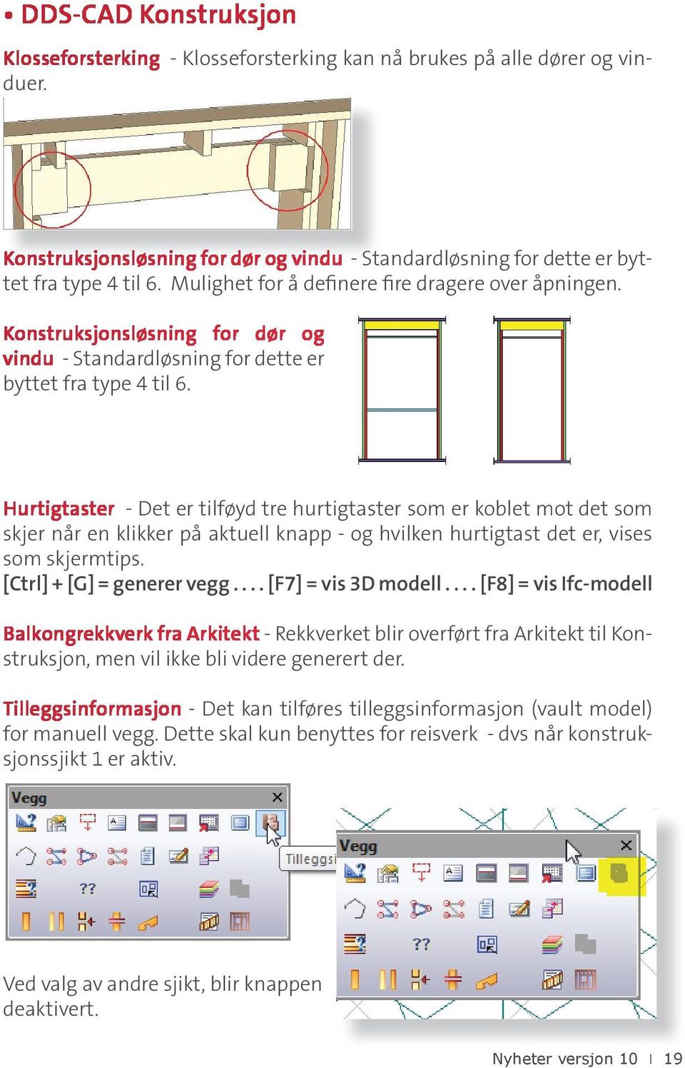 Hurtigtaster - Det er tilføyd tre hurtigtaster som er koblet mot det som skjer når en klikker på aktuell knapp - og hvilken hurtigtast det er, vises som skjermtips. [Ctrl] + [G] = generer vegg.