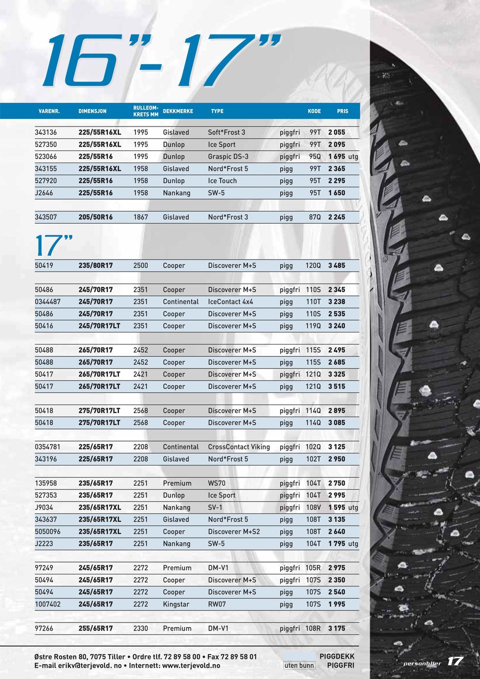 Graspic DS-3 piggfri 95Q 1 695 utg 343155 225/55R16XL 1958 Gislaved Nord*Frost 5 pigg 99T 2 365 527920 225/55R16 1958 Dunlop Ice Touch pigg 95T 2 295 J2646 225/55R16 1958 Nankang SW-5 pigg 95T 1 650