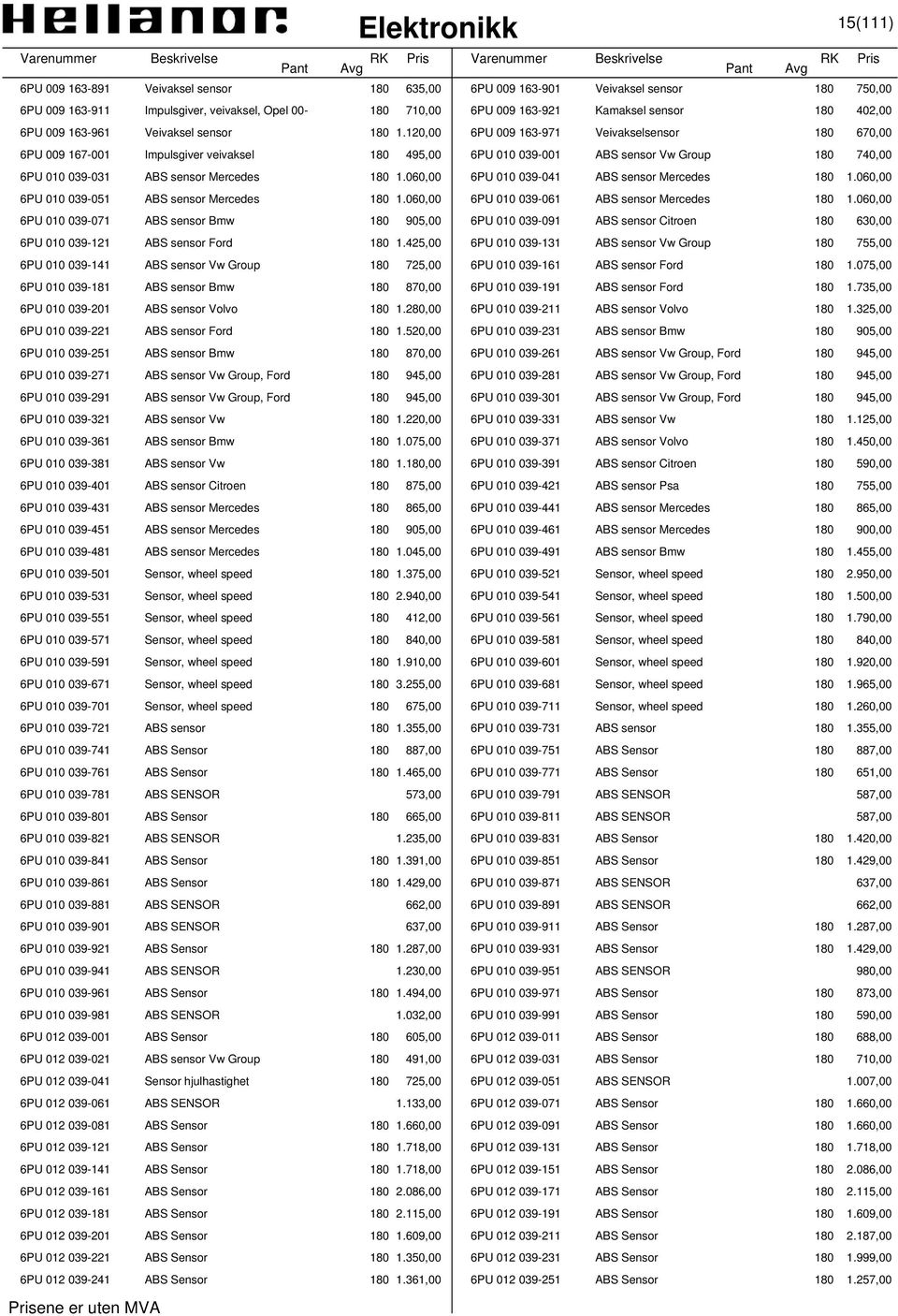 120,00 6PU 009 163-971 Veivakselsensor 180 670,00 6PU 009 167-001 Impulsgiver veivaksel 180 495,00 6PU 010 039-001 ABS sensor Vw Group 180 740,00 6PU 010 039-031 ABS sensor Mercedes 180 1.