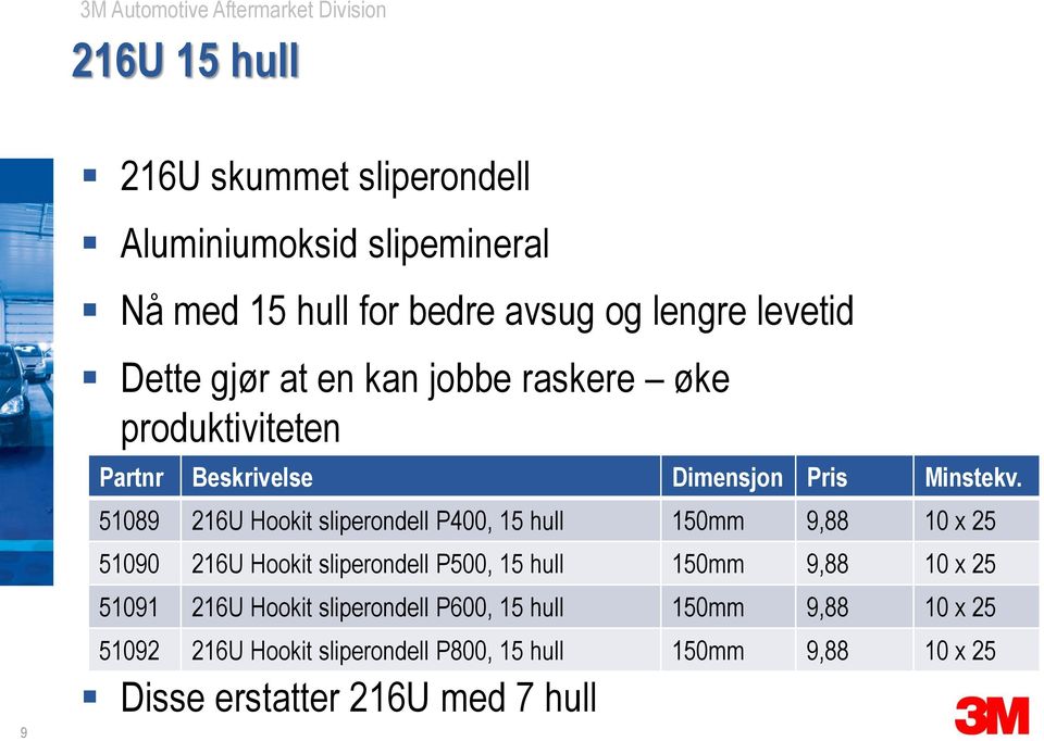 51089 216U Hookit sliperondell P400, 15 hull 150mm 9,88 10 x 25 51090 216U Hookit sliperondell P500, 15 hull 150mm 9,88 10 x