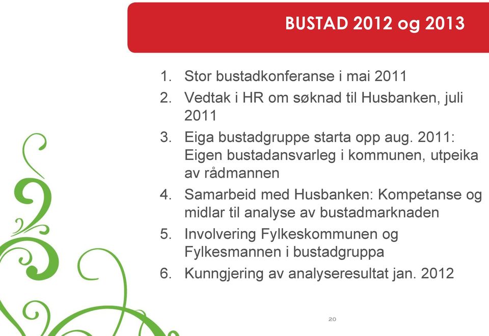 2011: Eigen bustadansvarleg i kommunen, utpeika av rådmannen 4.